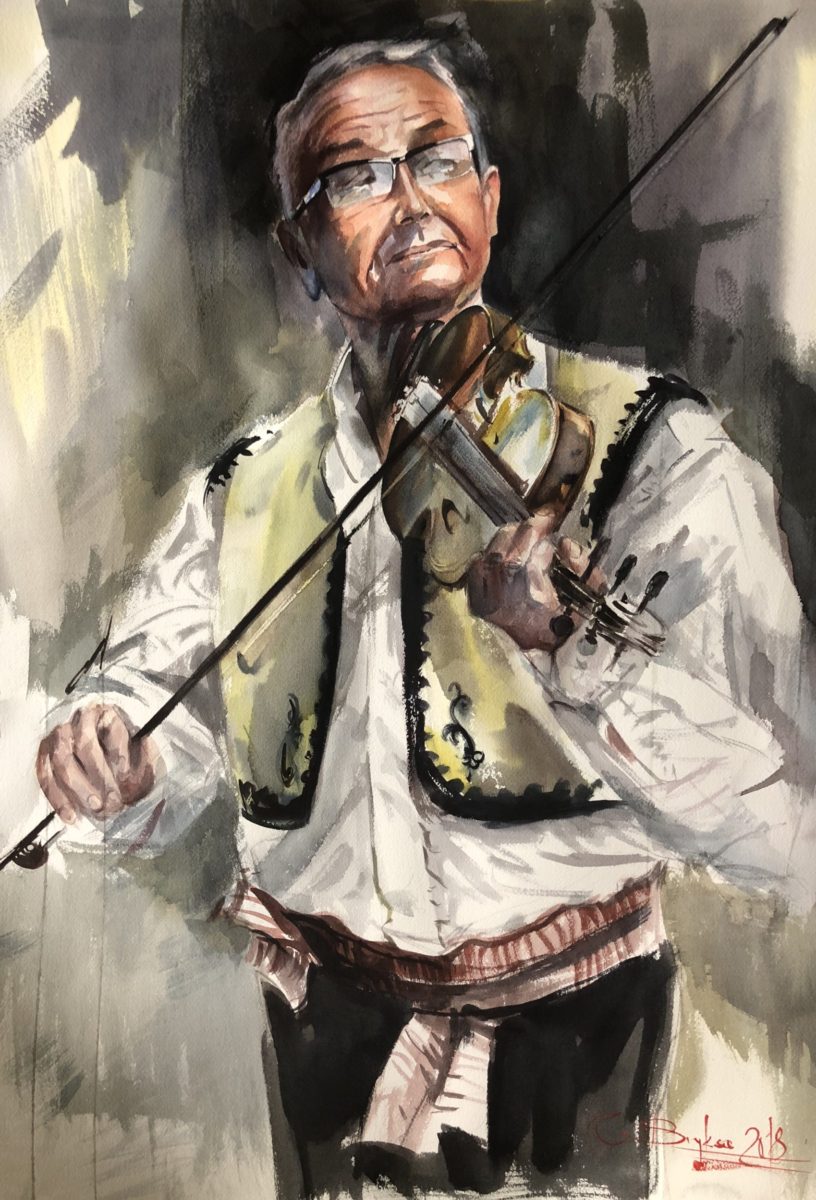 Albanian Musician, Watercolour,56x76cm, Albánský hudebník