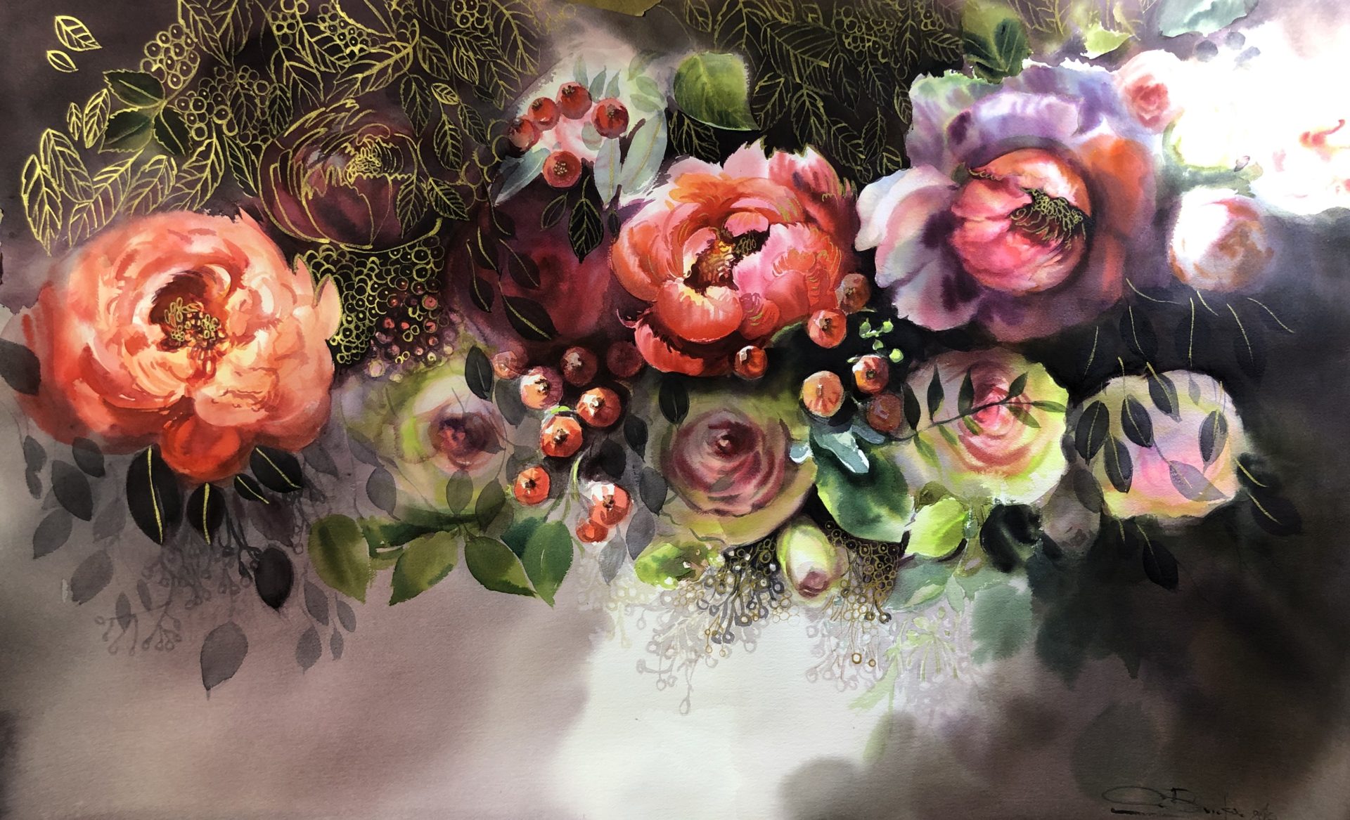 Evening Bouquet,Watercolour,65x101cm, Večerní Kytice