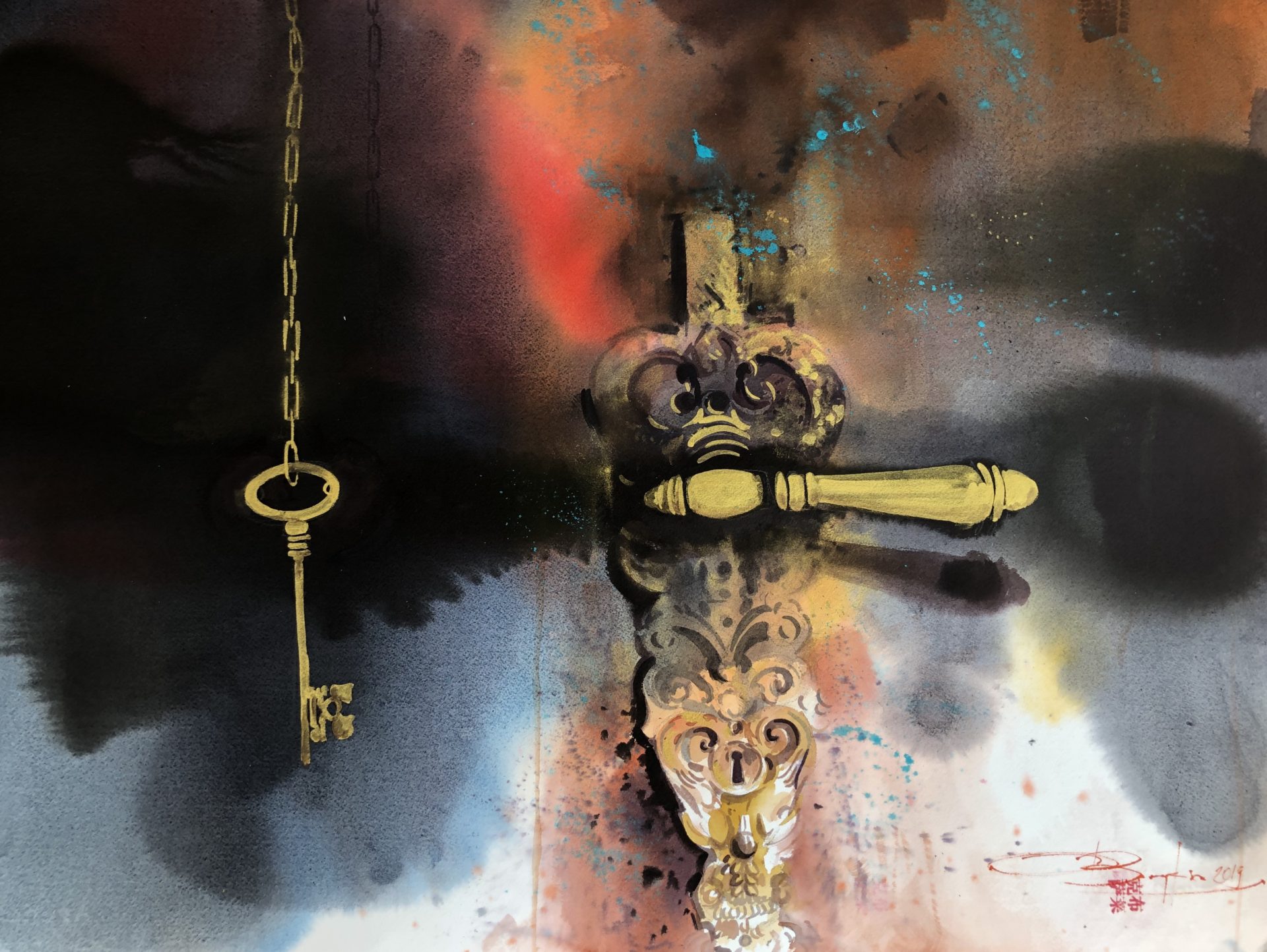 On this Occasion-Golden Key, Watercolour, 56x76cm,V tomto případě zlatý klíč